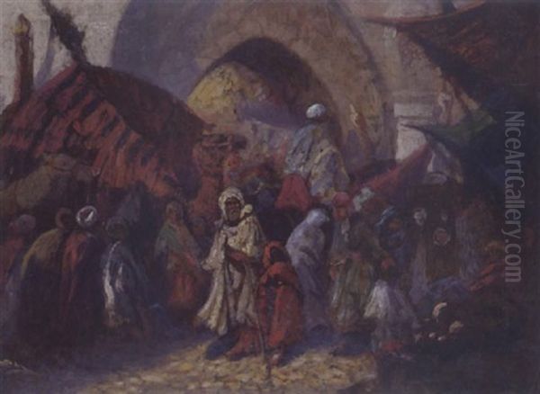 Chameliers Et Marchands A L'entree De La Ville Arabe Oil Painting by Jean-Louis Paguenaud