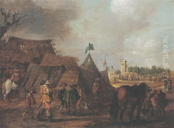 A Military Encampment Oil Painting by Palamedes Palamedesz the Elder