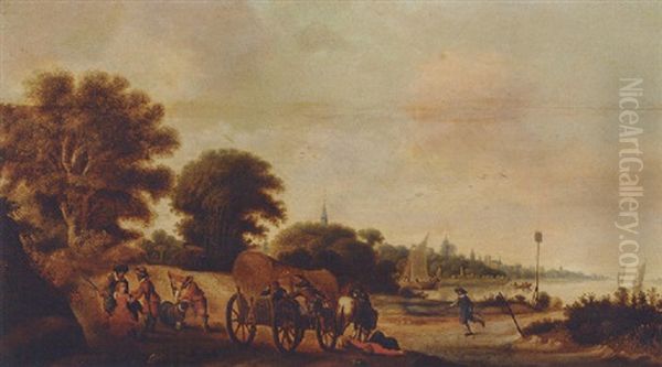 A Wooded Landscape With Travellers In A Wagon Being Ambushed Oil Painting by Palamedes Palamedesz the Elder