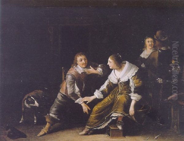 Elegant Lovers In An Interior Oil Painting by Anthonie Palamedesz