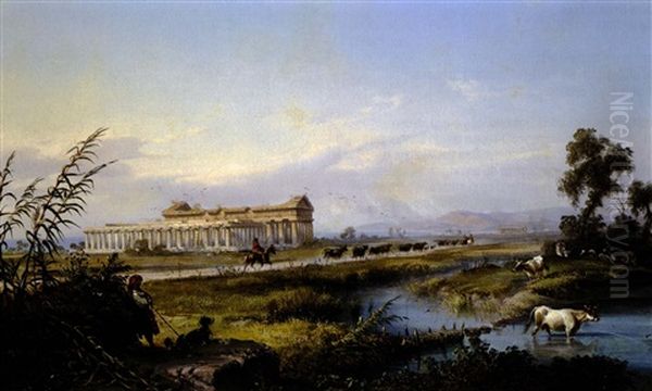 Veduta Dei Tre Templi Di Paestum Oil Painting by Nicola Palizzi