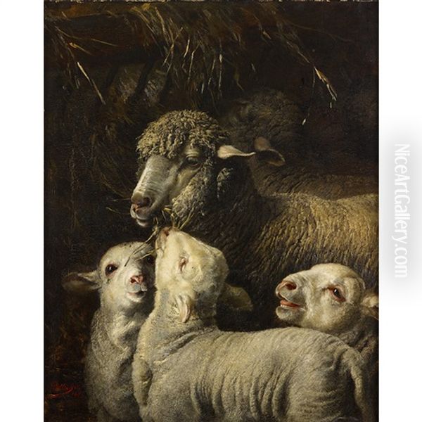 Sheep And Lambs Oil Painting by Bela Pallik