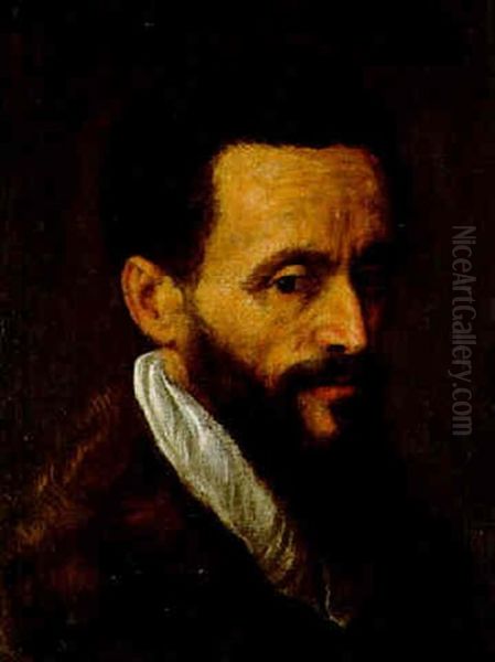 Portrait Of A Bearded Gentleman, Bust-length, In A Fur Coat And White Collar Oil Painting by Jacopo Palma il Giovane