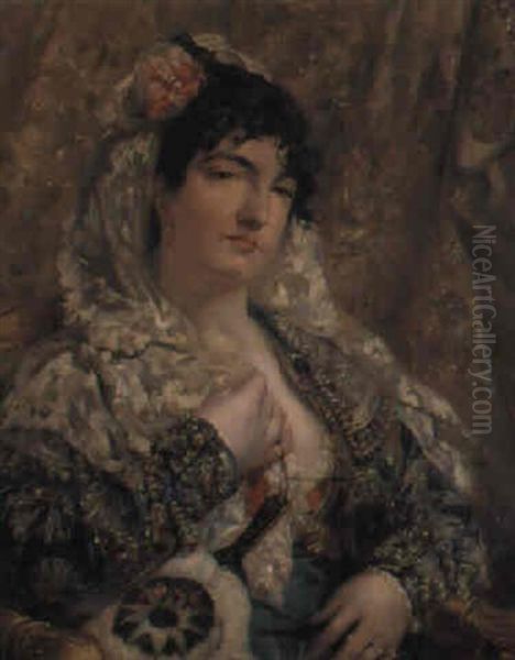 Mujer Con Mantilla Oil Painting by Vicente Palmaroli Y Gonzalez