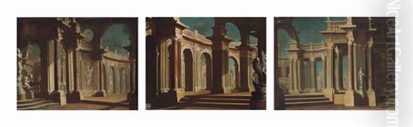 Architectural Capriccios, With Classical Statues (set Of 3 Works) Oil Painting by Pietro Paltronieri