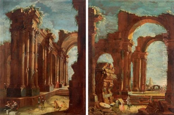 Zwei Landschaften Mit Antiken Ruinen (pair) Oil Painting by Pietro (Il Mirandolese) Paltronieri