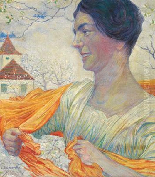 Rittratto Di Donna Con Fazzoletto Arancione In Un Paesaggio Primaverile Oil Painting by Leopold Blauensteiner
