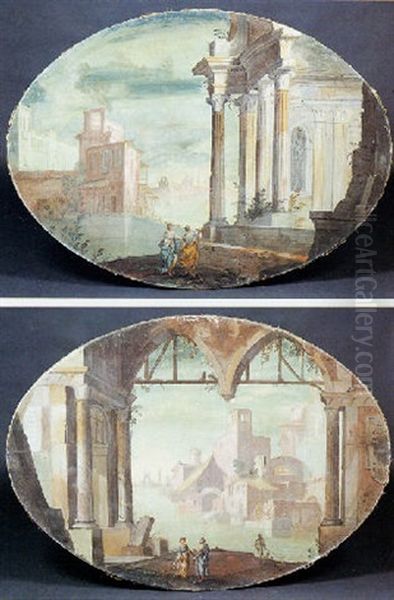 Paesaggio Fluvialo Con Rovine Architettonicha E Figure Oil Painting by Pietro (Il Mirandolese) Paltronieri