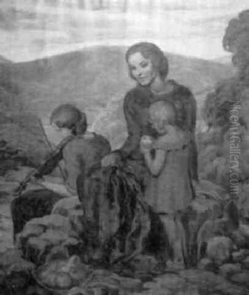Mother And Two Children Oil Painting by Alphonse Palumbo