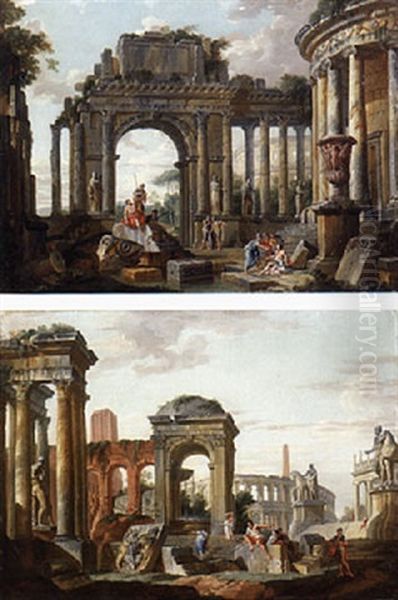 Architectural Capriccio: Soldiers Mocking Blind Belisarius Oil Painting by Giovanni Paolo Panini