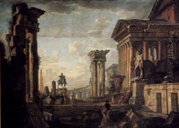An Architectural Capriccio Of Roman Ruins With Soldiers And Other Figures Before An Equestrian Sculpture Of Marcus Aurelius Oil Painting by Giovanni Paolo Panini