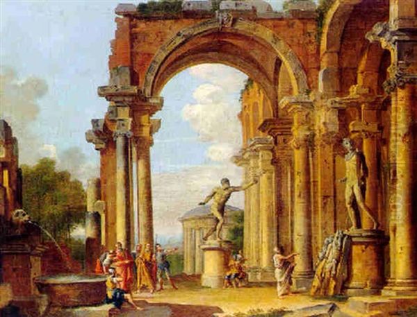Capriccio Of Roman Ruins With The Statues Of The Borghese Gladiator And The Apollo Belvedere Oil Painting by Giovanni Paolo Panini