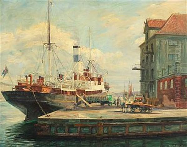 Scenery From Copenhagen Harbour With The Coaster Bruarfoss Oil Painting by Robert Panitzsch