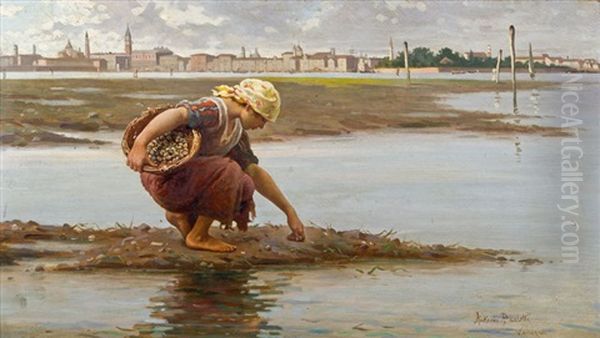 Muschelsammlerin In Der Lagune Von Venedig Oil Painting by Antonio Ermolao Paoletti