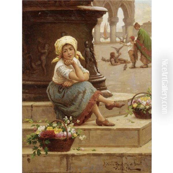 The Little Flower Seller Oil Painting by Antonio Ermolao Paoletti