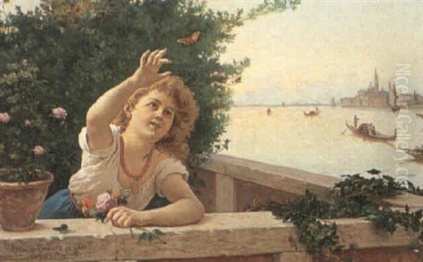 Venetian Balcony Oil Painting by Antonio Ermolao Paoletti