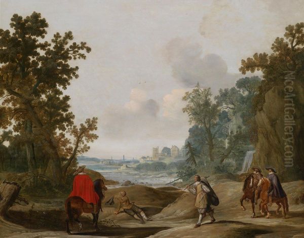Travellersand Horsemen In A Wide Landscape Oil Painting by Gerrit Claesz Bleker