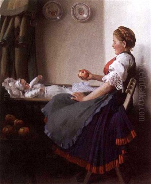 Traditional Family Life Before The Great War: A Hungarian Mother And Child Oil Painting by Emil Pap