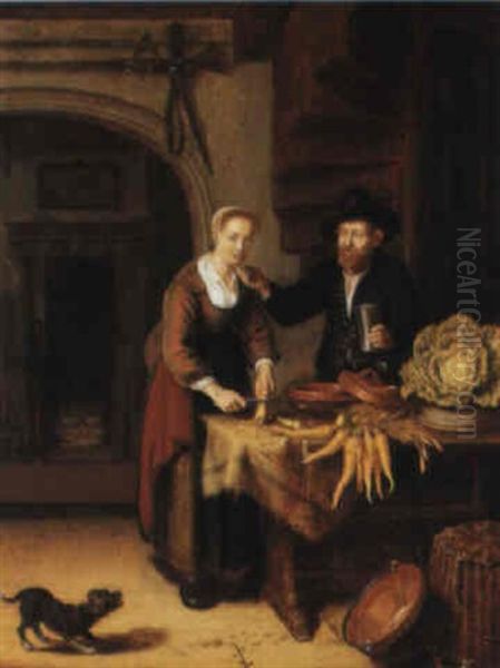 A Kitchen Interior With An Elderly Man Caressing A Kitchen Maid Oil Painting by Abraham de Pape