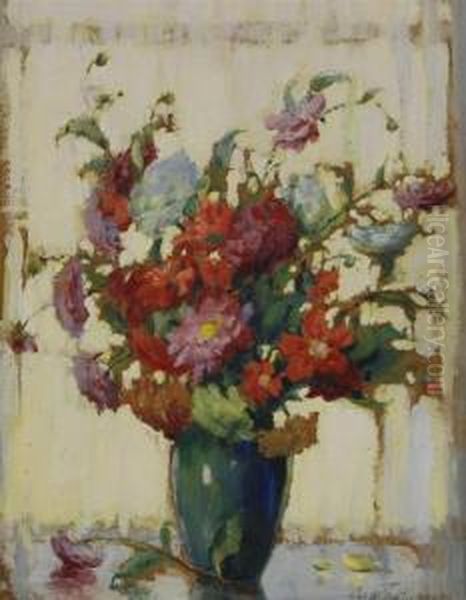 Dahlias At The Window Oil Painting by Carle Joan Blenner