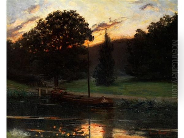Kahn In Ruhigem Kanalwasser Vor Baumlandschaft Bei Sonnenuntergang Oil Painting by Luis Paret Y Alczar