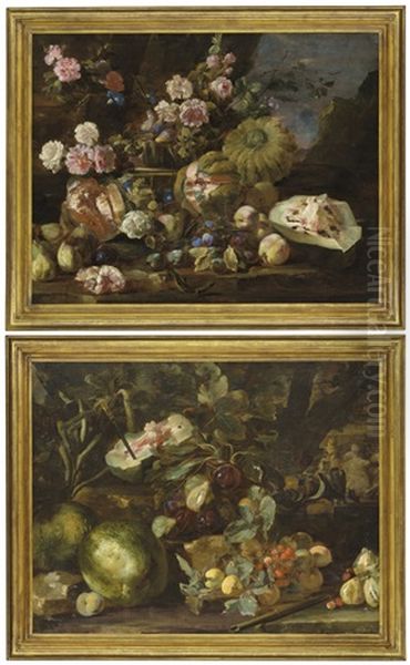 Melons, Peaches And Roses In A Landscape; And Melons, And Other Fruit In A Landscape, Figures On Horseback Beyond Oil Painting by  Parmigianino (Michele da Parma)