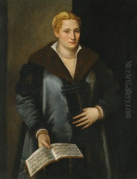 Portrait Of A Diva, Said To Be Artemisia Roberti, Three Quarter Length, Wearing A Fur-lined Coat, Pearls, And Holding A Musical Score Oil Painting by Micheli Parrasio