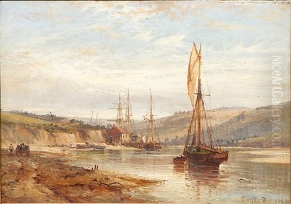 Engelsk Kystparti Med Sejlskibe Og Optrukne Joller, Pa Stranden Mand Med Kaerre, I Baggrunden Mole Og Hus Oil Painting by Alfred William Parsons