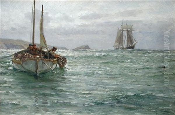 Hauling Up Lobster Pots; And Selling Fish On A Quayside (pair) Oil Painting by Arthur Wilde Parsons
