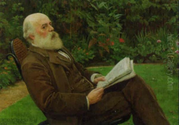 Portrait Of A Gentleman Seated In A Garden Holding A Newspaper Oil Painting by Beatrice Emma Parsons