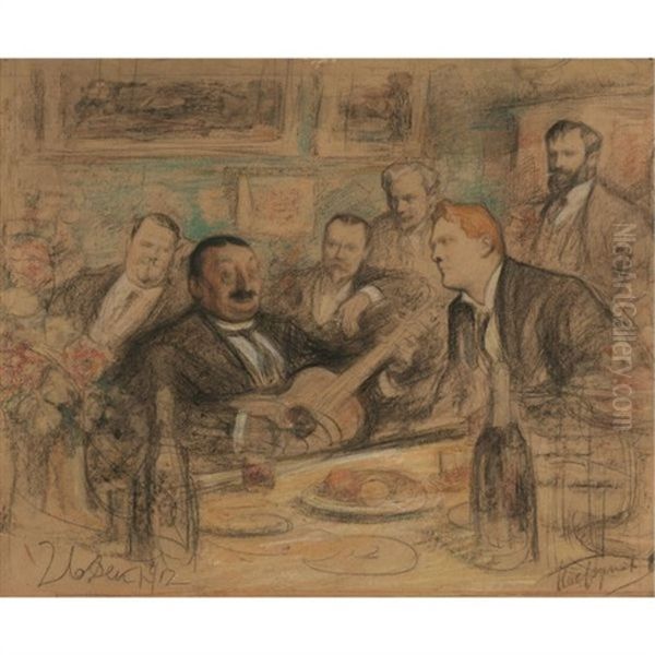 At K.a. Korovin's Old Time Songs: Chaliapin And The Artists Oil Painting by Leonid Osipovich Pasternak