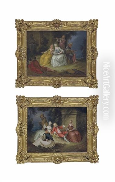 Elegant Figures Resting In A Park Landscape (+ Elegant Figures Making Music By A Fountain; Pair) Oil Painting by Jean-Baptiste Pater