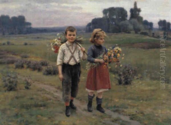 Die Kleinen Blumensammler Oil Painting by Cesar Pattein