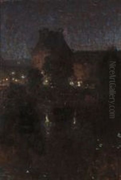 Late Evening In Paris With A View Towards Louvre Oil Painting by Julius Paulsen