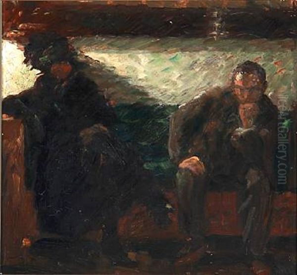 The Painter Niels Hansen And Mrs. Yrsa Lundstrom, Married To Painter Vilhelm Lundstrom, Sitting On A Sofa Oil Painting by Julius Paulsen