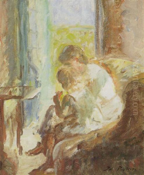 Interior Med Moder Med Datter Pa Skodet Oil Painting by Julius Paulsen