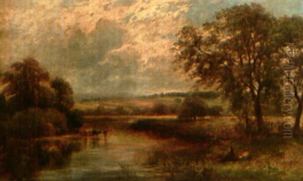 River Scene With Cattle Watering And Fisherman In The Foreground Oil Painting by David Payne