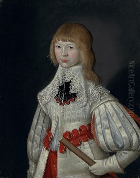 Portrait Of The Hon. Amias Poulett Wearing A White Jacket With Slashed Puff Sleeves And Red Ribbon Belts Oil Painting by Robert Peake