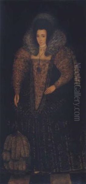 Portrait Of A Lady (elizabeth Throckmorton, Lady Of Raleigh?) Wearing A Richly Embroidered Dress With Lace Ruff And Holding A Fan Oil Painting by Robert Peake the Elder