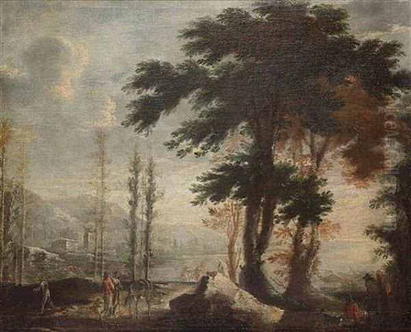 Travellers On A Country Path With A Lake Beyond Oil Painting by Domenico Pecchio