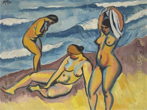 Drei Badende Frauen Am Meer Oil Painting by Max Pechstein