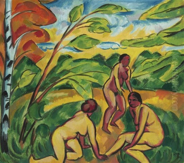 Drei Badende Akte (three Nude Bathers) Oil Painting by Max Pechstein