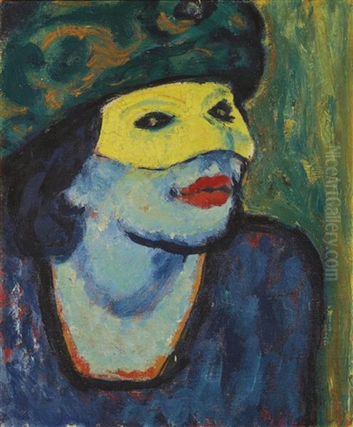 Die Gelbe Maske I (the Yellow Mask I) And Sangerin In Rot (singer In Red) (recto-verso) Oil Painting by Max Pechstein