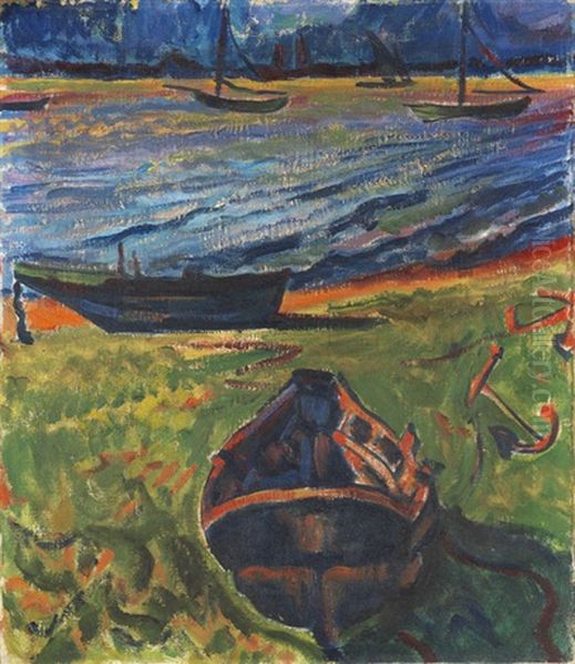 Boote Am Dangaster Priel / Kuhe (from Brucke) Oil Painting by Max Pechstein