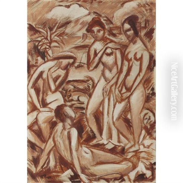 Figurenkomposition (group Of Figures) Oil Painting by Max Pechstein