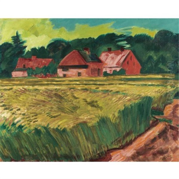 Bauernhauser Mit Getreidefeld In Leba Oil Painting by Max Pechstein