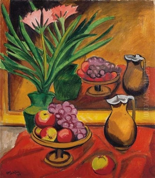 Stilleben Am Spiegel - Clivia, Obst Und Krug Oil Painting by Max Pechstein