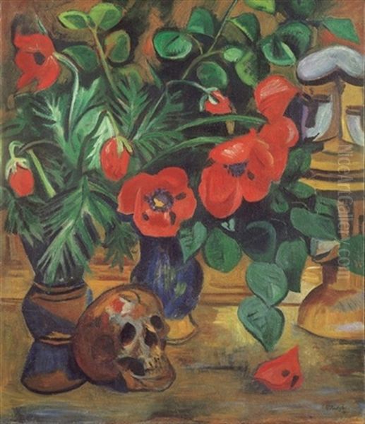 Roter Mohn Und Totenschadel Oil Painting by Max Pechstein