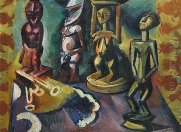Stilleben Mit Exotischen Plastiken (+ Bildnis Hugo Pechstein, 1917, Verso) [still Life With Exotic Sculptures & Portrait Of Hugo Pechstein} Oil Painting by Max Pechstein