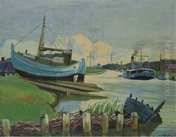 Kutter-slip Mit Bagger Oil Painting by Max Pechstein